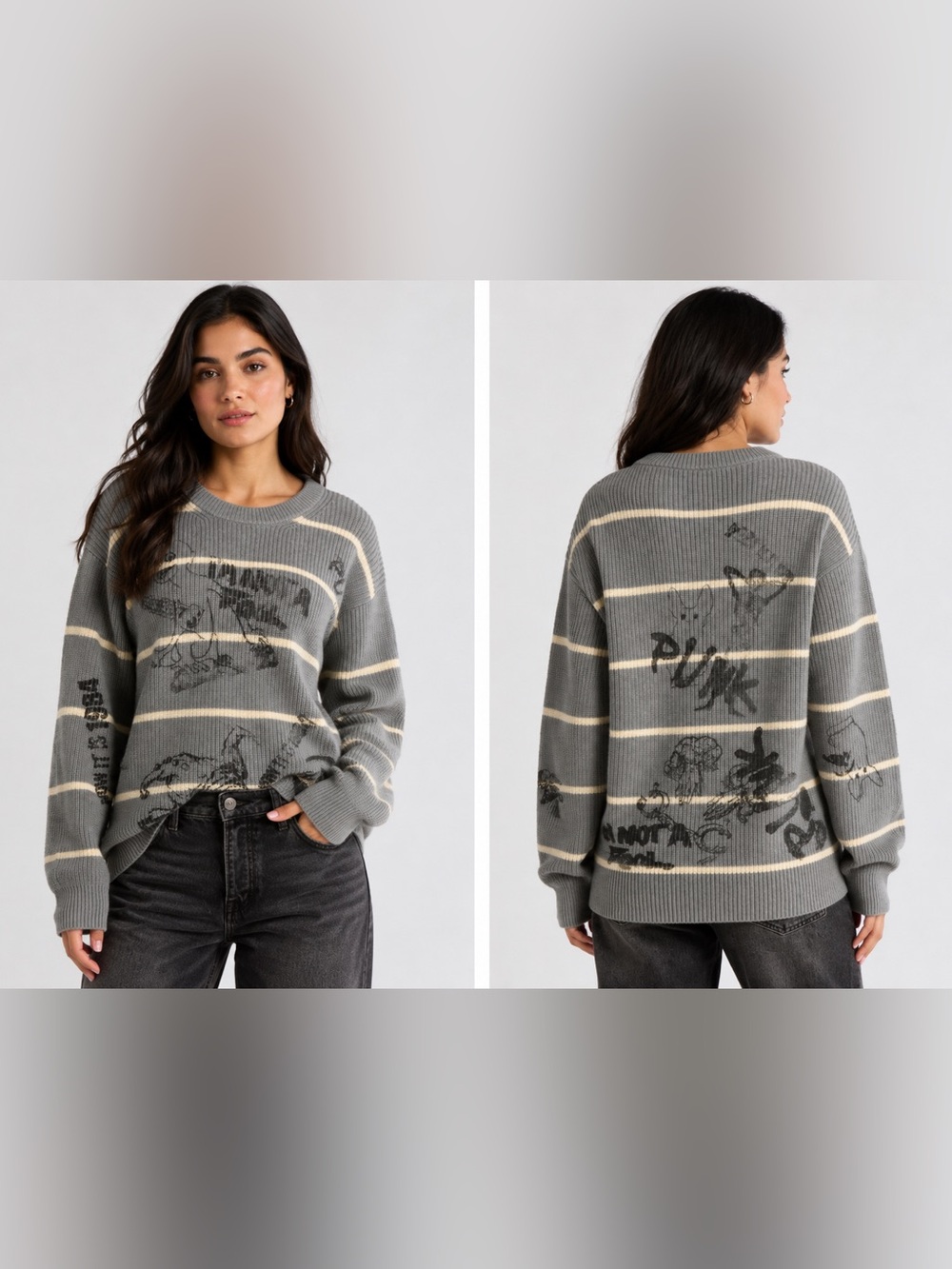 NWT R13 Striped‎ Boyfriend Sweater in Heather Gray With Graphics Sz XS